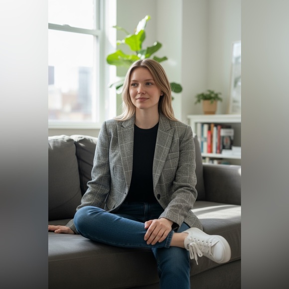 Giorgio Armani Women's Collezioni Checkered Plaid Gray Blazer - Picture 2 of 10